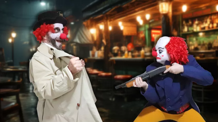 Clowns Dusty and Shotgun in a confrontation in a bar